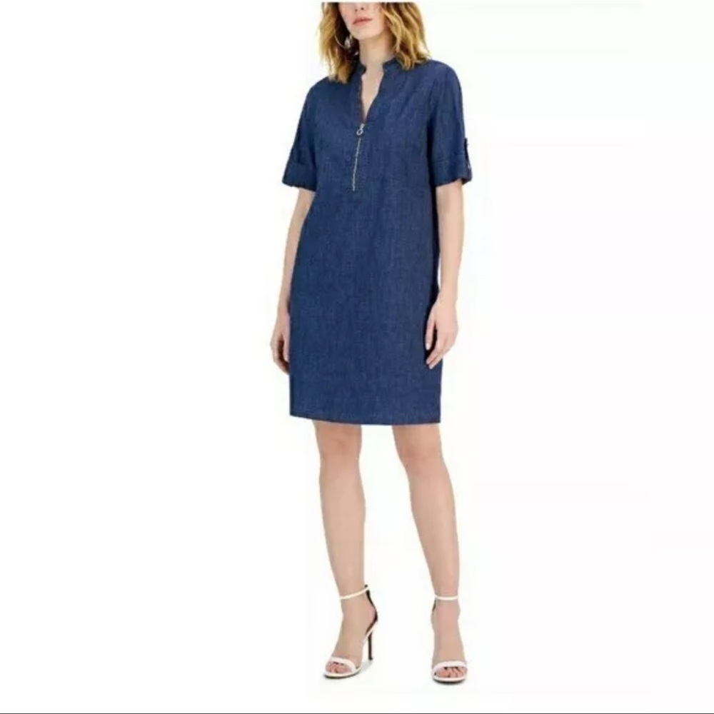 Anne Klein Denim Shift Half Zipper Neck Tab Sleeves Shift Dress SZ 6 Blue NEW‎
